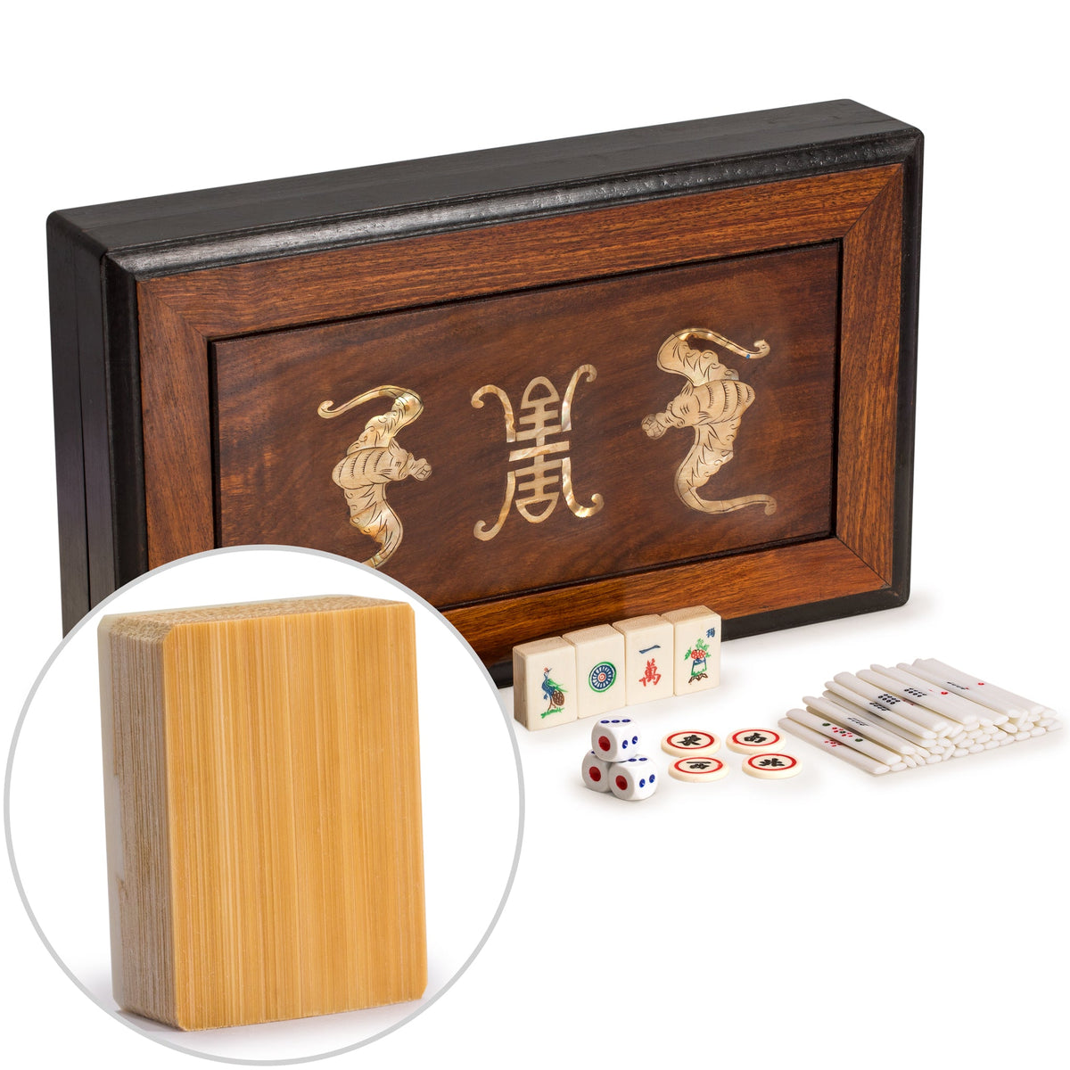 Chinese Bone bamboo back mahjong with box