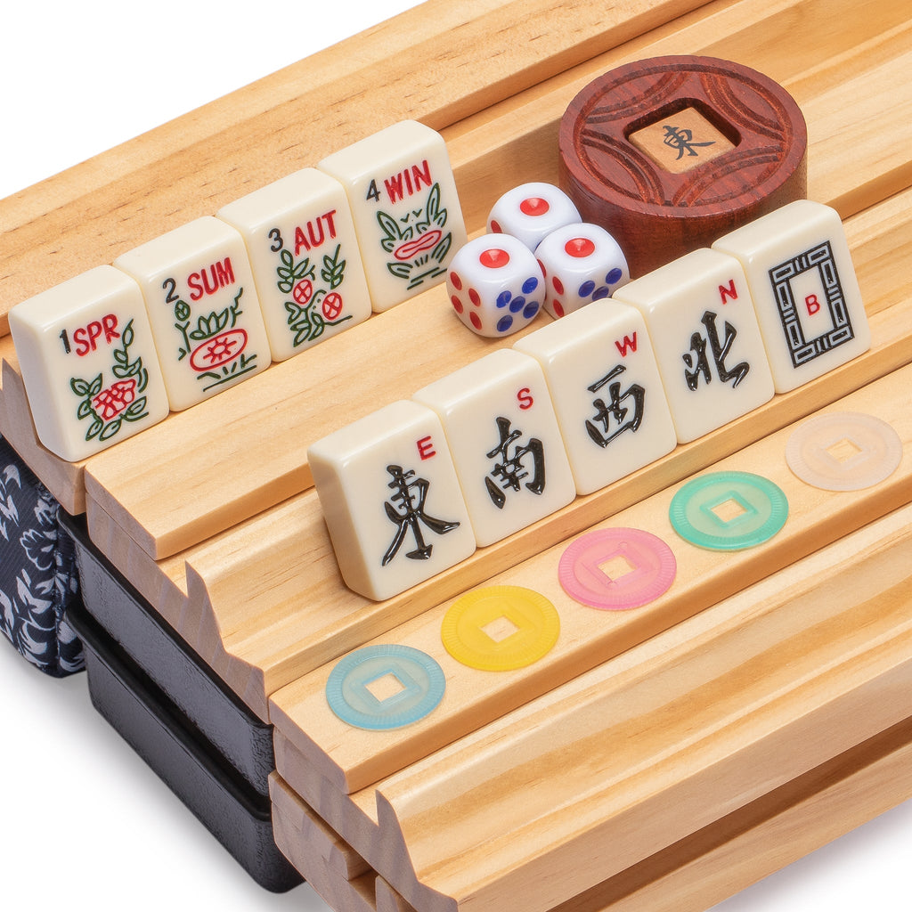 American Mahjong Game Set, "Blue Calico" with Floral Blue Soft Case - Racks with Pushers, Scoring Coins, Dice, and Wind Indicator-Yellow Mountain Imports-Yellow Mountain Imports