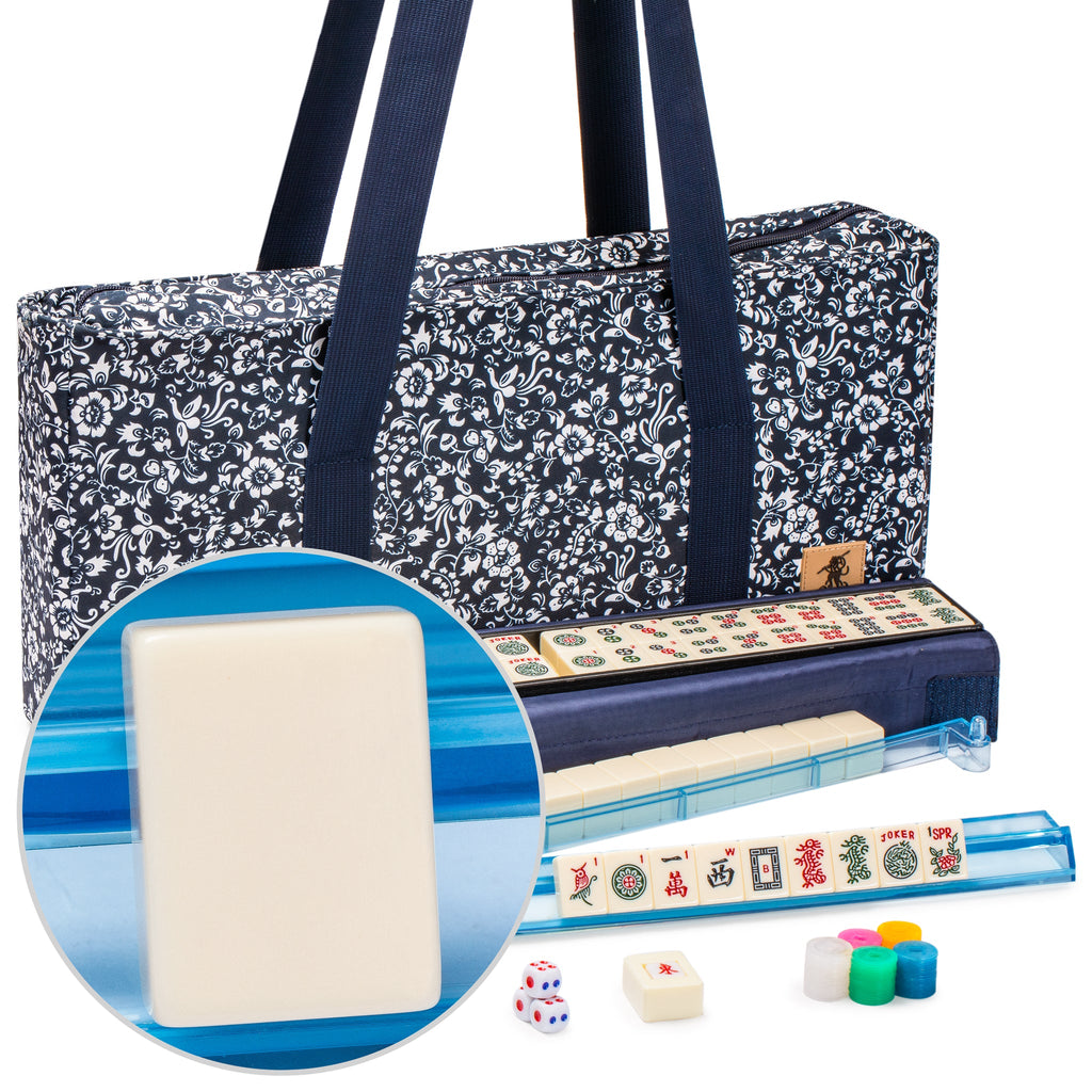 American Mahjong Game Set, "Blue Calico" with Floral Blue Soft Case - Racks with Pushers, Scoring Coins, Dice, and Wind Indicator-Yellow Mountain Imports-Yellow Mountain Imports