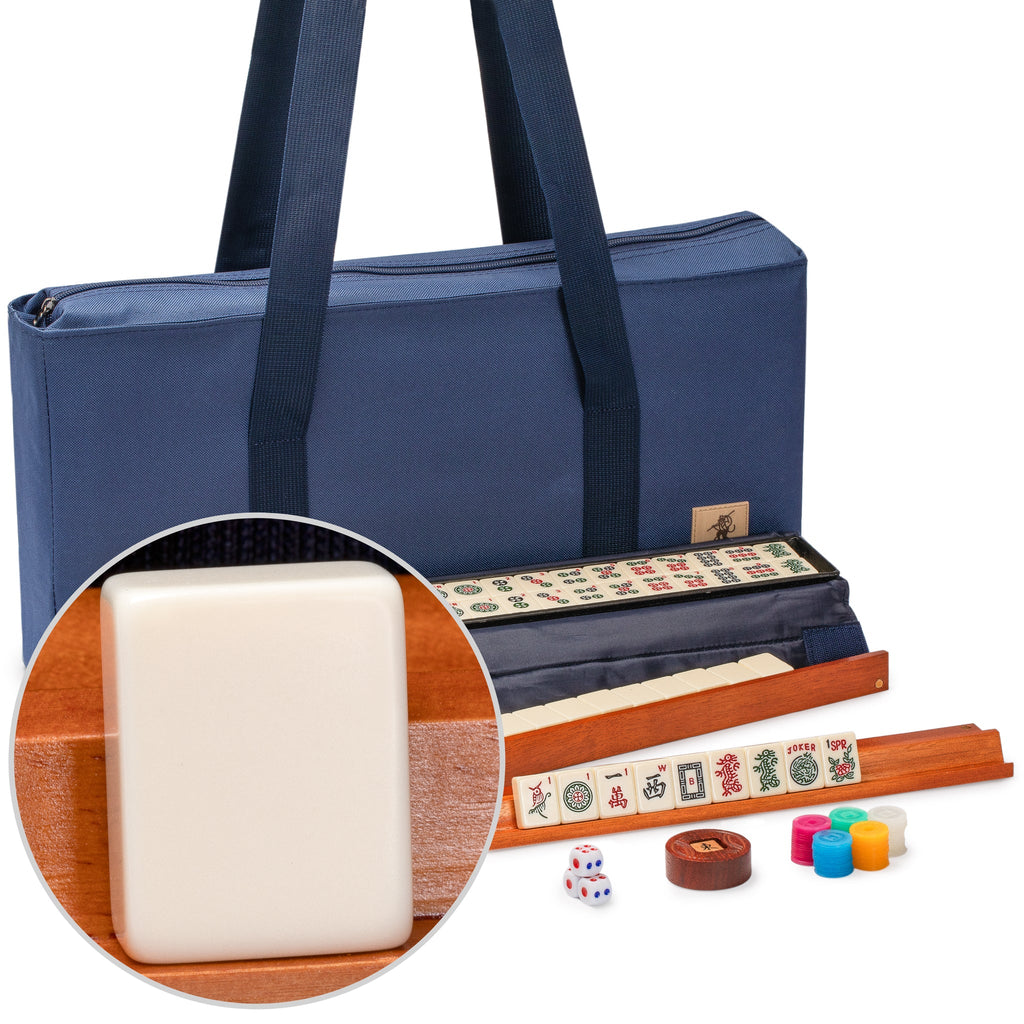 American Mahjong Game Set, "Sapphire" with Blue Soft Case - Racks with Pushers, Scoring Coins, Dice, and Wind Indicator-Yellow Mountain Imports-Yellow Mountain Imports