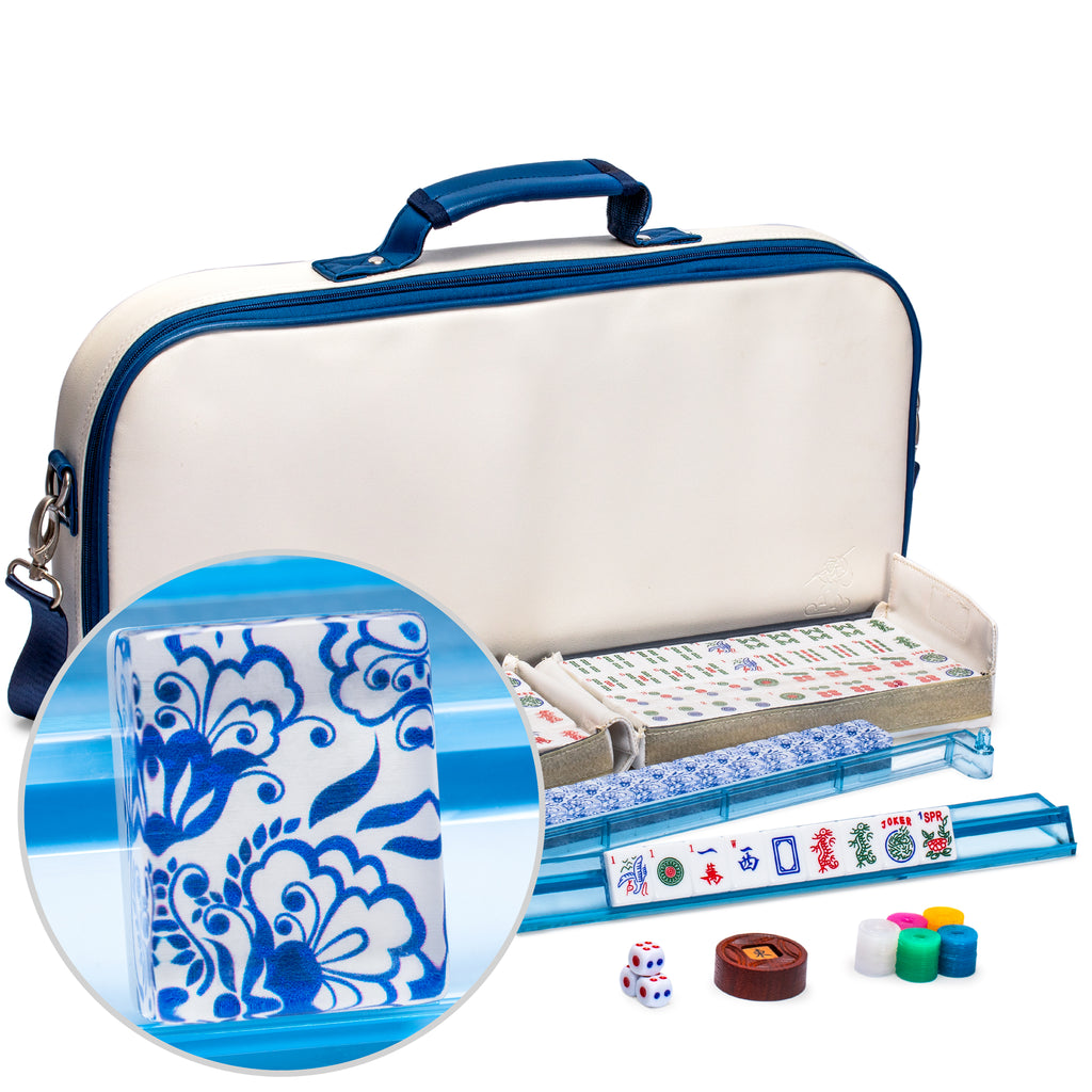 American Mahjong Set, "Chinoise" with Soft Leatherette Case - Racks with Pushers, Scoring Coins, Dice, and Wind Indicator-Yellow Mountain Imports-Yellow Mountain Imports