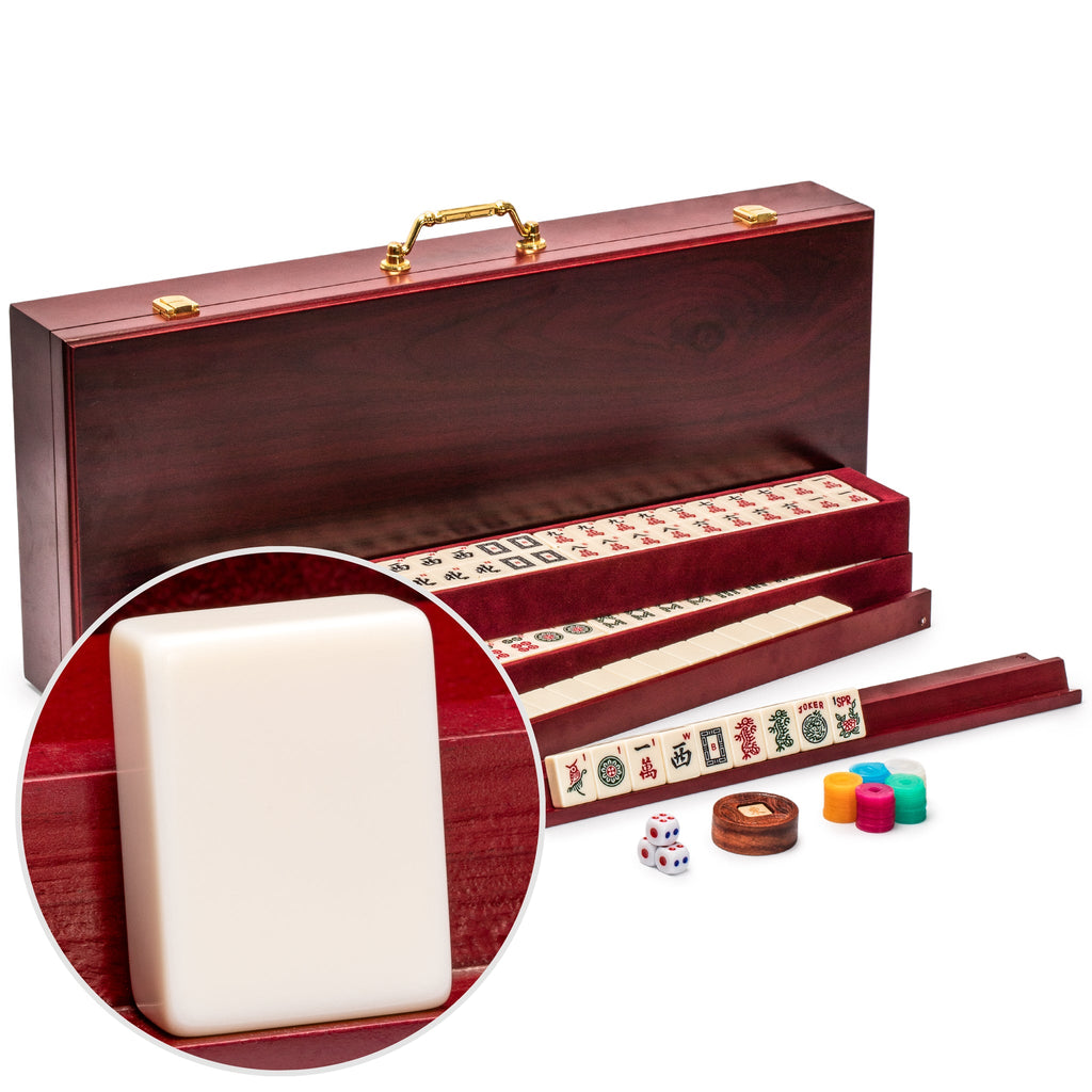 American Mahjong Set, "Classic Royale II" with Redwood Veneer Case, Four Wooden Racks, Wind Indicator, Dice and Wright Patterson Count Scoring Coins-Yellow Mountain Imports-Yellow Mountain Imports