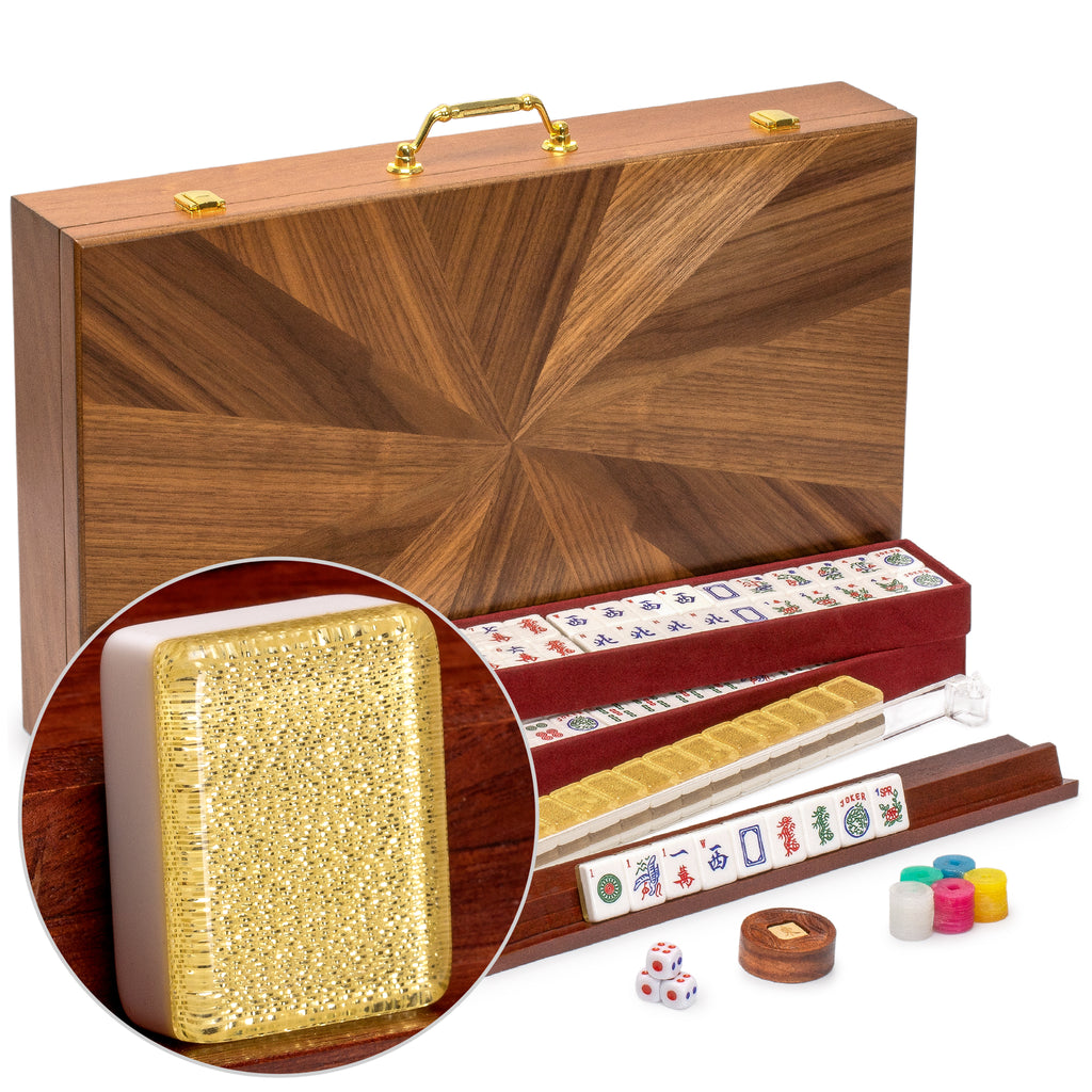 American Mahjong Set, "Golden Fortune" with Inlaid Wooden Case - Racks, Pushers, Scoring Coins, Dice, and Wind Indicator-Yellow Mountain Imports-Yellow Mountain Imports