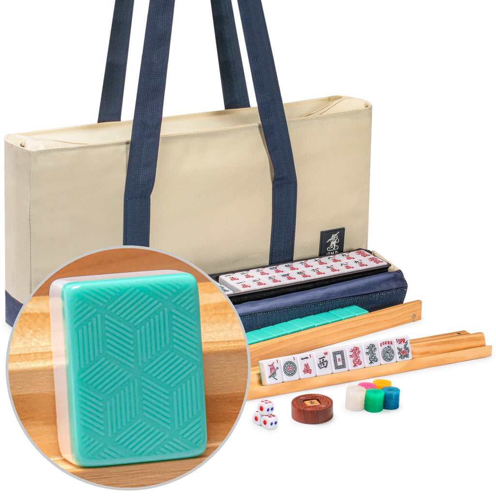 American Mahjong Set, "Harbor Mint" with Beige and Blue Canvas Tote Bag - Racks with Pushers, Scoring Coins, Dice, and Wind Indicator-Yellow Mountain Imports-Yellow Mountain Imports