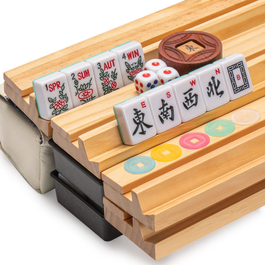 American Mahjong Set, "Harbor Mint" with Beige and Blue Soft Case - Racks with Pushers, Scoring Coins, Dice, and Wind Indicator-Yellow Mountain Imports-Yellow Mountain Imports