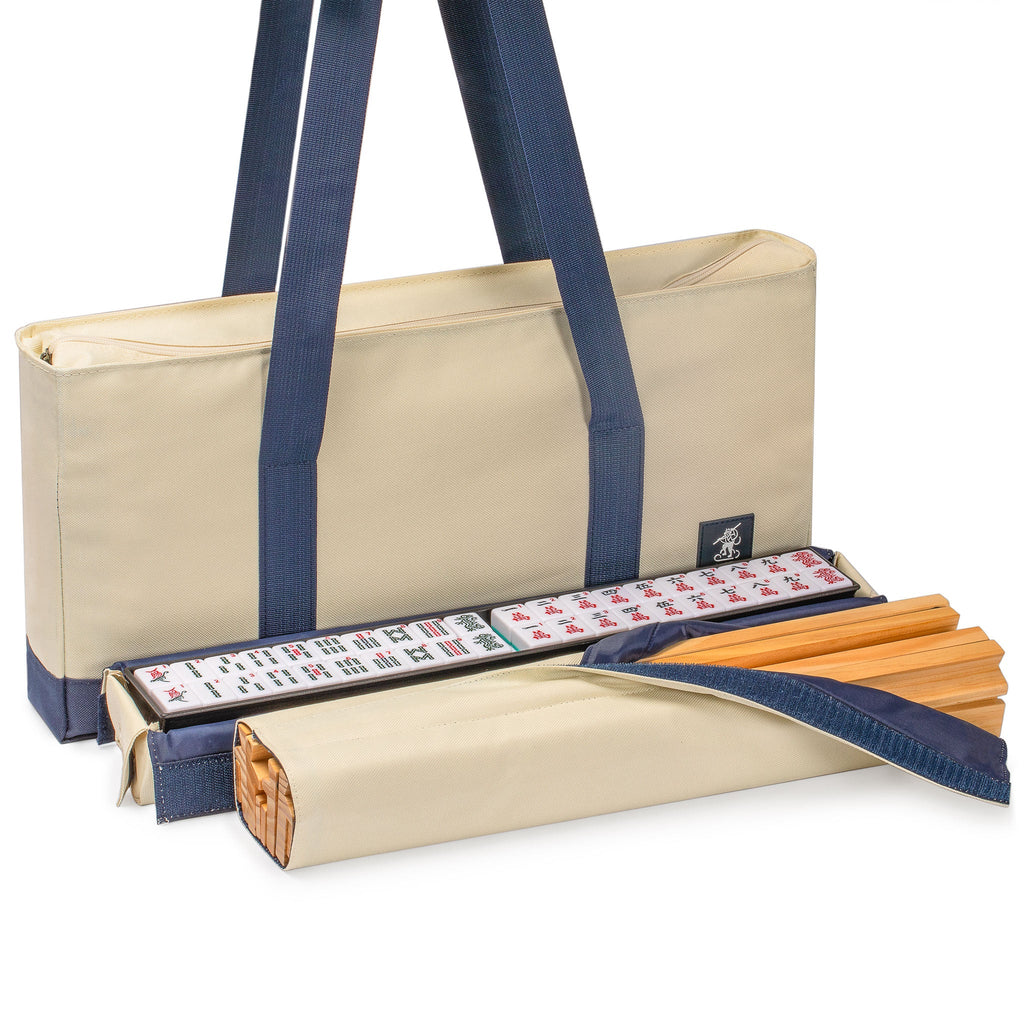 American Mahjong Set, "Harbor Mint" with Beige and Blue Soft Case - Racks with Pushers, Scoring Coins, Dice, and Wind Indicator-Yellow Mountain Imports-Yellow Mountain Imports