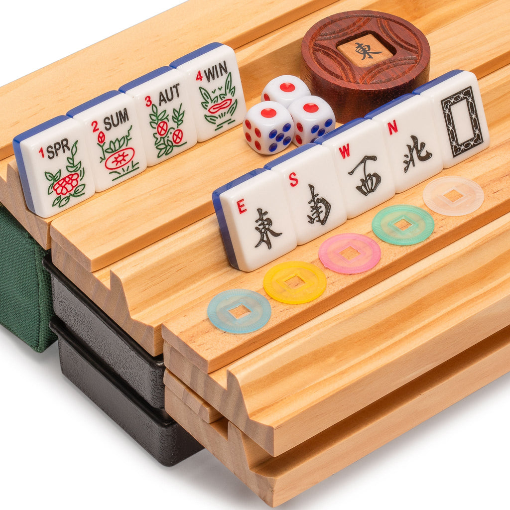 American Mahjong Set, "Koi Fish" with Green Soft Case, Four Wooden All-in-One Racks with Pushers, Wind Indicator, Dice, Scoring Coins-Yellow Mountain Imports-Yellow Mountain Imports