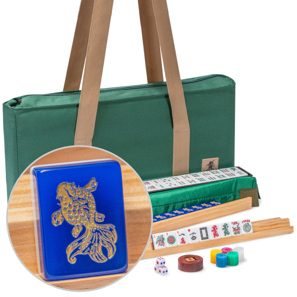 American Mahjong Set, "Koi Fish" with Green Soft Case, Four Wooden All-in-One Racks with Pushers, Wind Indicator, Dice, Scoring Coins-Yellow Mountain Imports-Yellow Mountain Imports