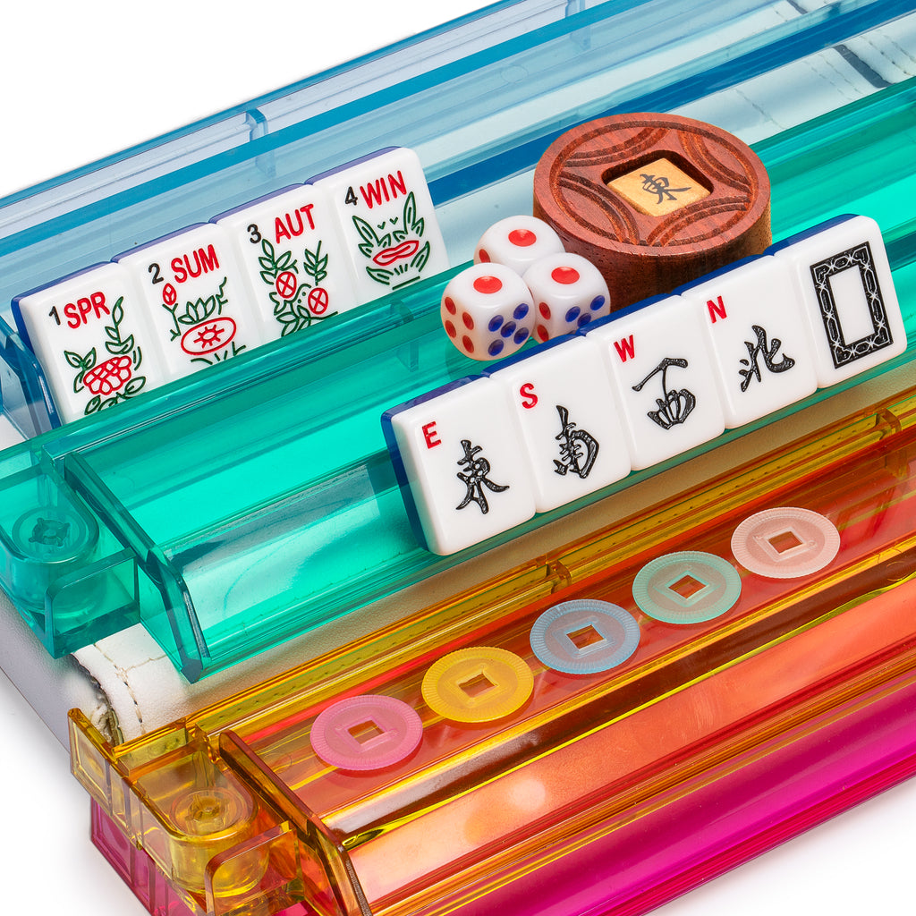 American Mahjong Set, "Koi Fish" with Soft White Leatherette Case, Four Acrylic All-in-One Racks with Pushers, Wind Indicator, Dice, Scoring Coins-Yellow Mountain Imports-Yellow Mountain Imports