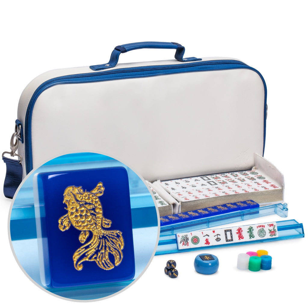 American Mahjong Set, "Koi Fish" with Soft White Leatherette Case, Four Acrylic All-in-One Racks with Pushers, Wind Indicator, Dice, Scoring Coins-Yellow Mountain Imports-Yellow Mountain Imports