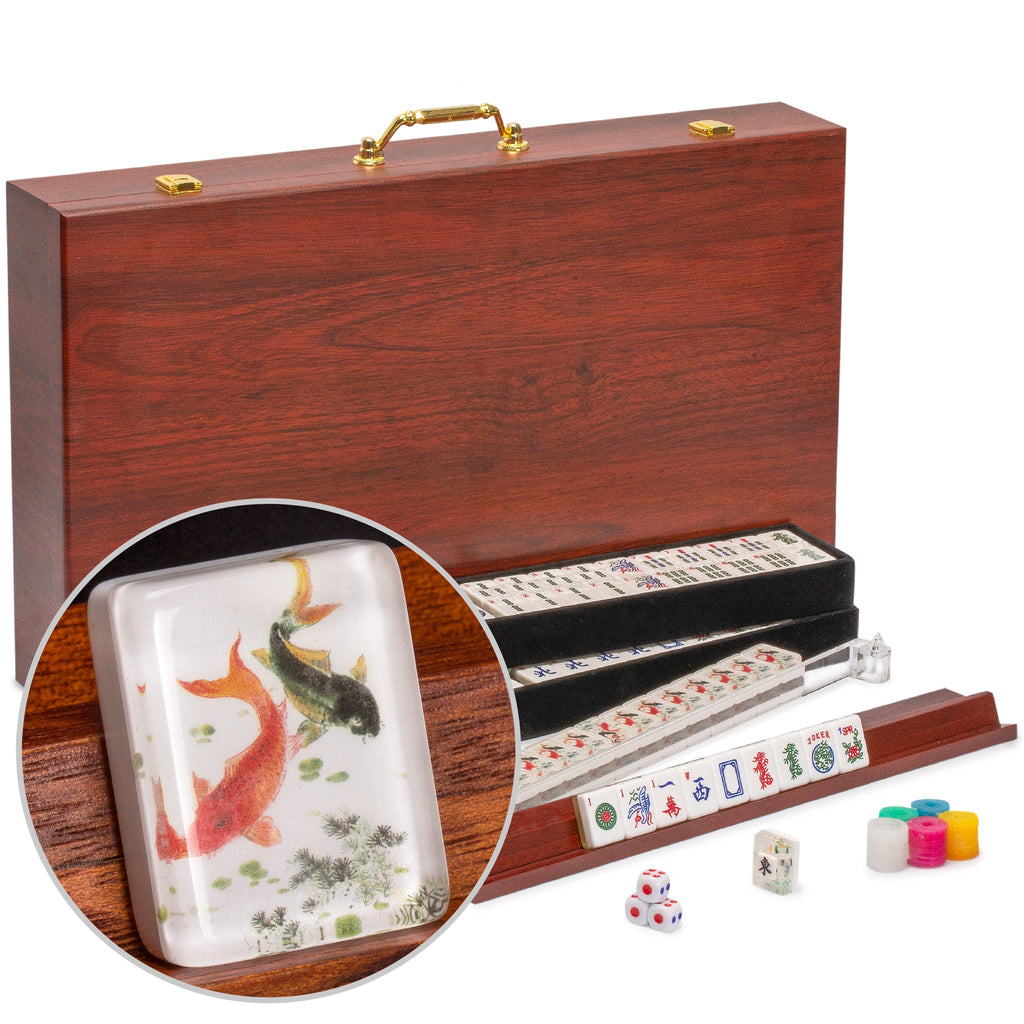 American Mahjong Set, "Koi Fish" with Wooden Case - 4 Wooden Racks, Acrylic Pushers, Scoring Coins, Dice, & Wind Indicator-Yellow Mountain Imports-Yellow Mountain Imports