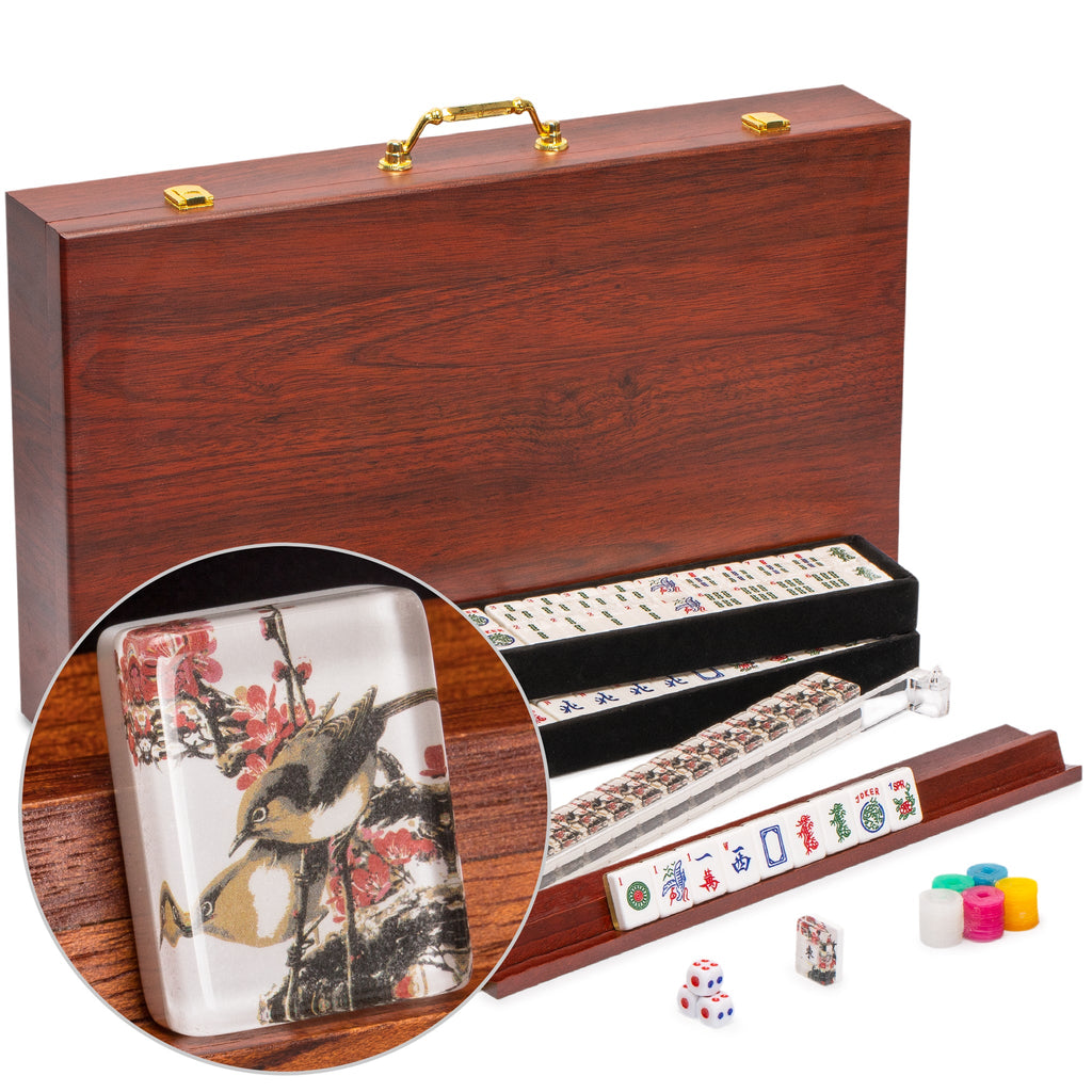 American Mahjong Set, "Little Birdie" with Wooden Case - Wooden Racks with Acrylic Pushers, Scoring Coins, Dice, and Wind Indicator-Yellow Mountain Imports-Yellow Mountain Imports