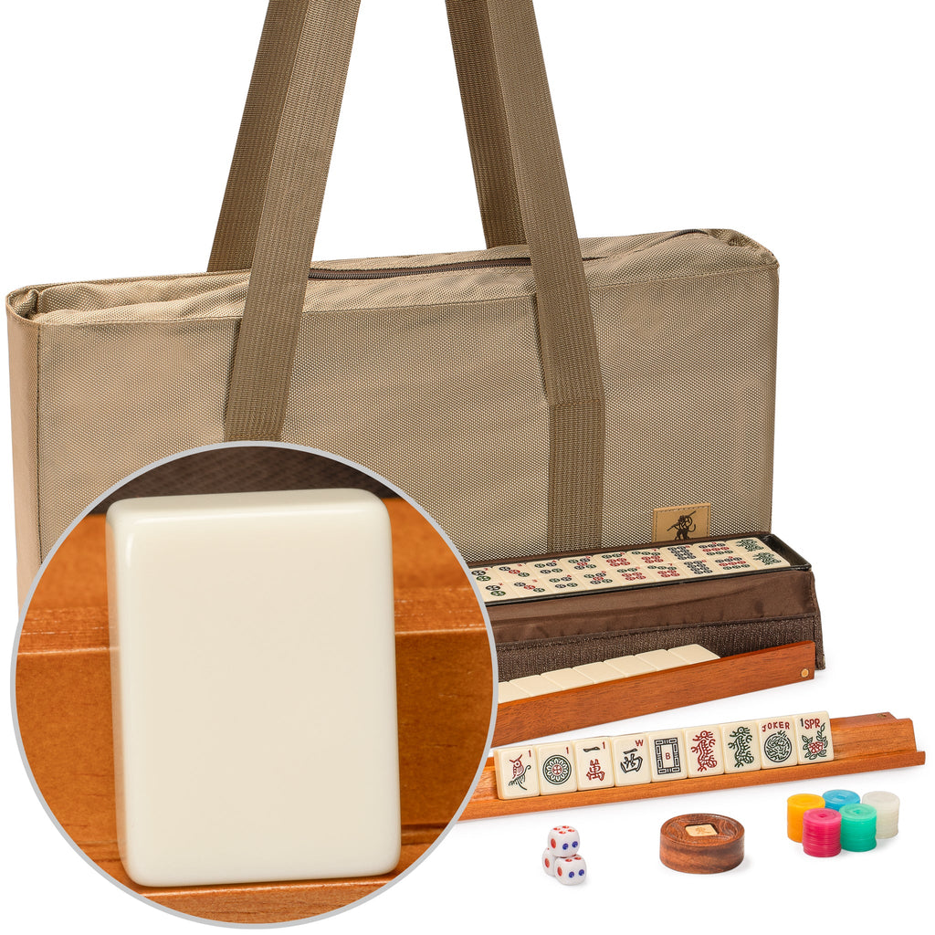 American Mahjong Set, "Mojave" (Ivory) with Brown Soft Case - Racks with Pushers, Scoring Coins, Dice, & Wind Indicator-Yellow Mountain Imports-Yellow Mountain Imports