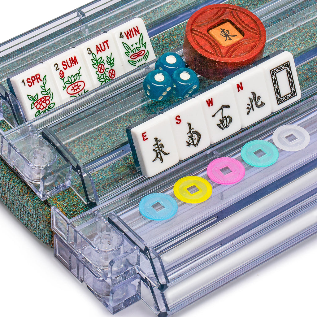 American Mahjong Set, "Oceana" with Heather Teal Soft Case - Racks with Pushers, Scoring Coins, Dice, and Wind Indicator-Yellow Mountain Imports-Yellow Mountain Imports