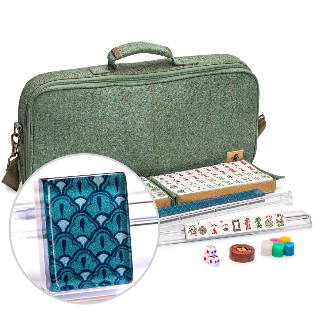 American Mahjong Set, "Oceana" with Heather Teal Soft Case - Racks with Pushers, Scoring Coins, Dice, and Wind Indicator-Yellow Mountain Imports-Yellow Mountain Imports