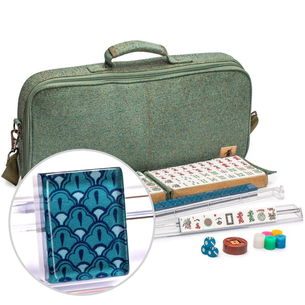 American Mahjong Set, "Oceana" with Heather Teal Soft Case - Racks with Pushers, Scoring Coins, Dice, and Wind Indicator-Yellow Mountain Imports-Yellow Mountain Imports