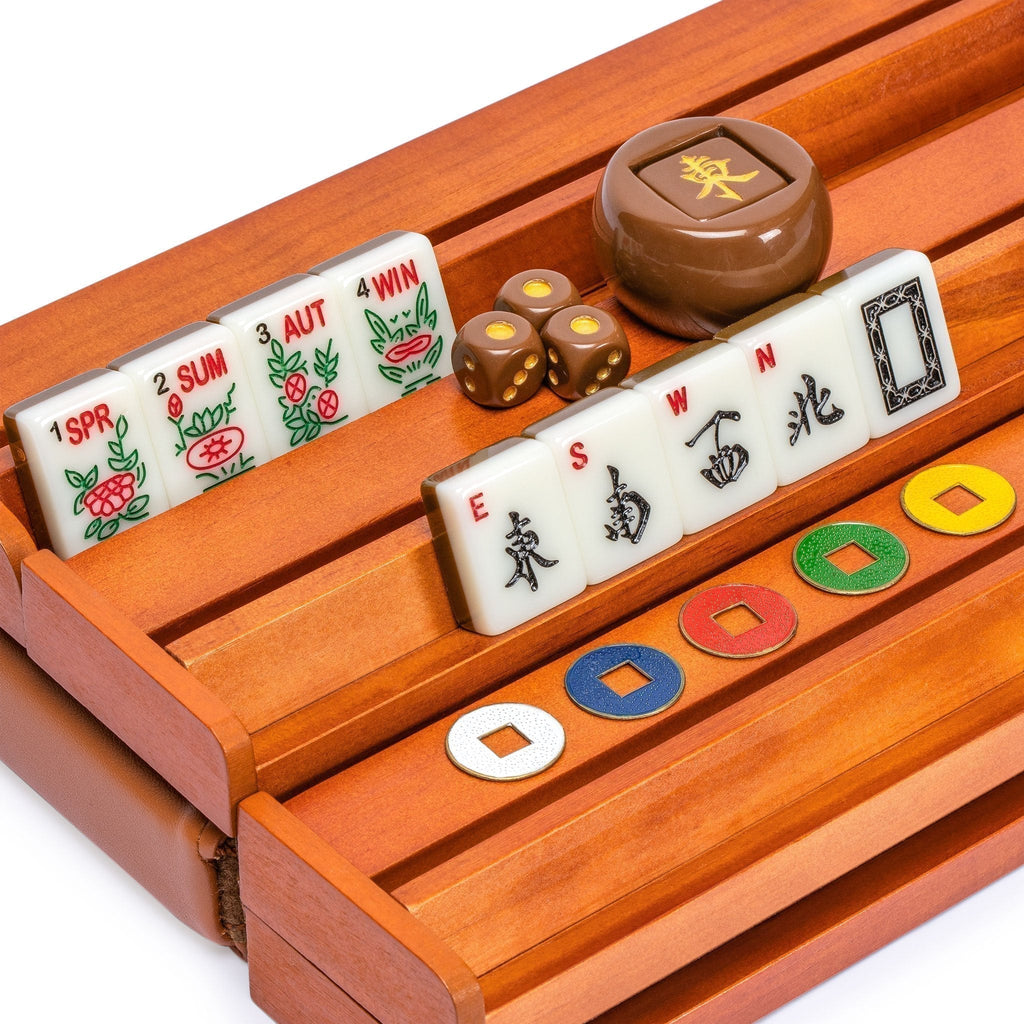 American Mahjong Set, "Peony" with Soft Brown Leatherette Case, Four Wooden All-in-One Racks with Pushers, Wind Indicator, Dice, and Wright Patterson Count Scoring Coins-Yellow Mountain Imports-Yellow Mountain Imports