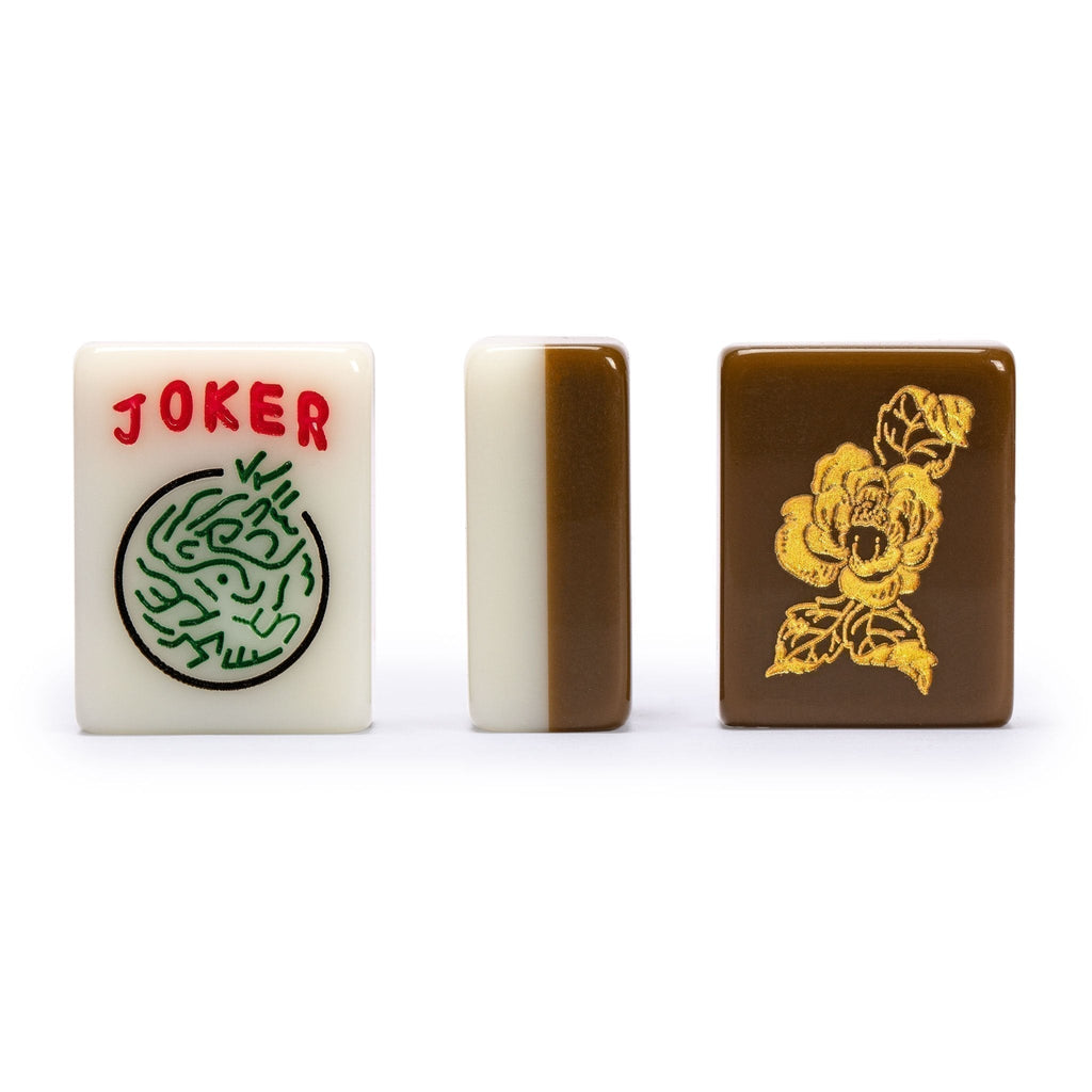 American Mahjong Set, "Peony" with Soft Brown Leatherette Case, Four Wooden All-in-One Racks with Pushers, Wind Indicator, Dice, and Wright Patterson Count Scoring Coins-Yellow Mountain Imports-Yellow Mountain Imports