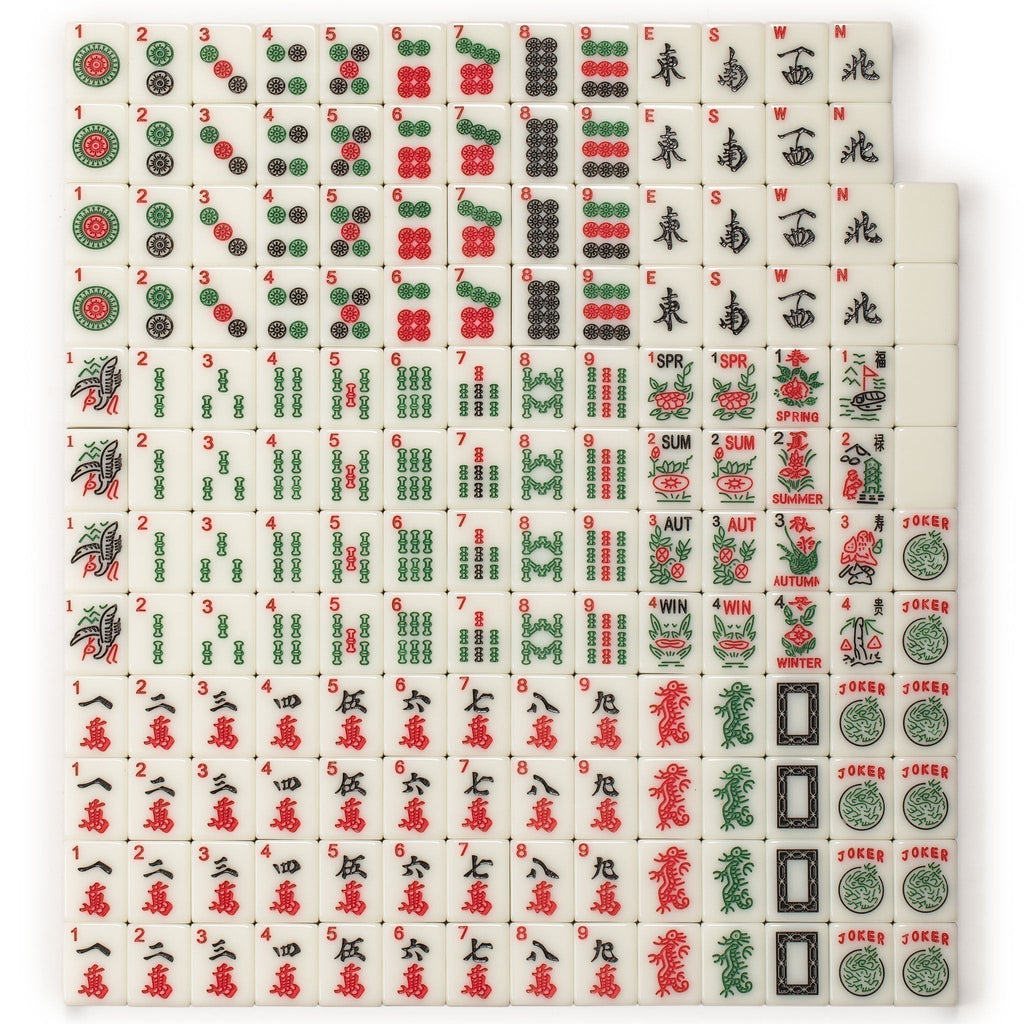 American Mahjong Set, "Peony" with Soft Brown Leatherette Case, Four Wooden All-in-One Racks with Pushers, Wind Indicator, Dice, and Wright Patterson Count Scoring Coins-Yellow Mountain Imports-Yellow Mountain Imports