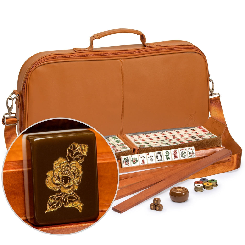 American Mahjong Set, "Peony" with Soft Brown Leatherette Case, Four Wooden All-in-One Racks with Pushers, Wind Indicator, Dice, and Wright Patterson Count Scoring Coins-Yellow Mountain Imports-Yellow Mountain Imports