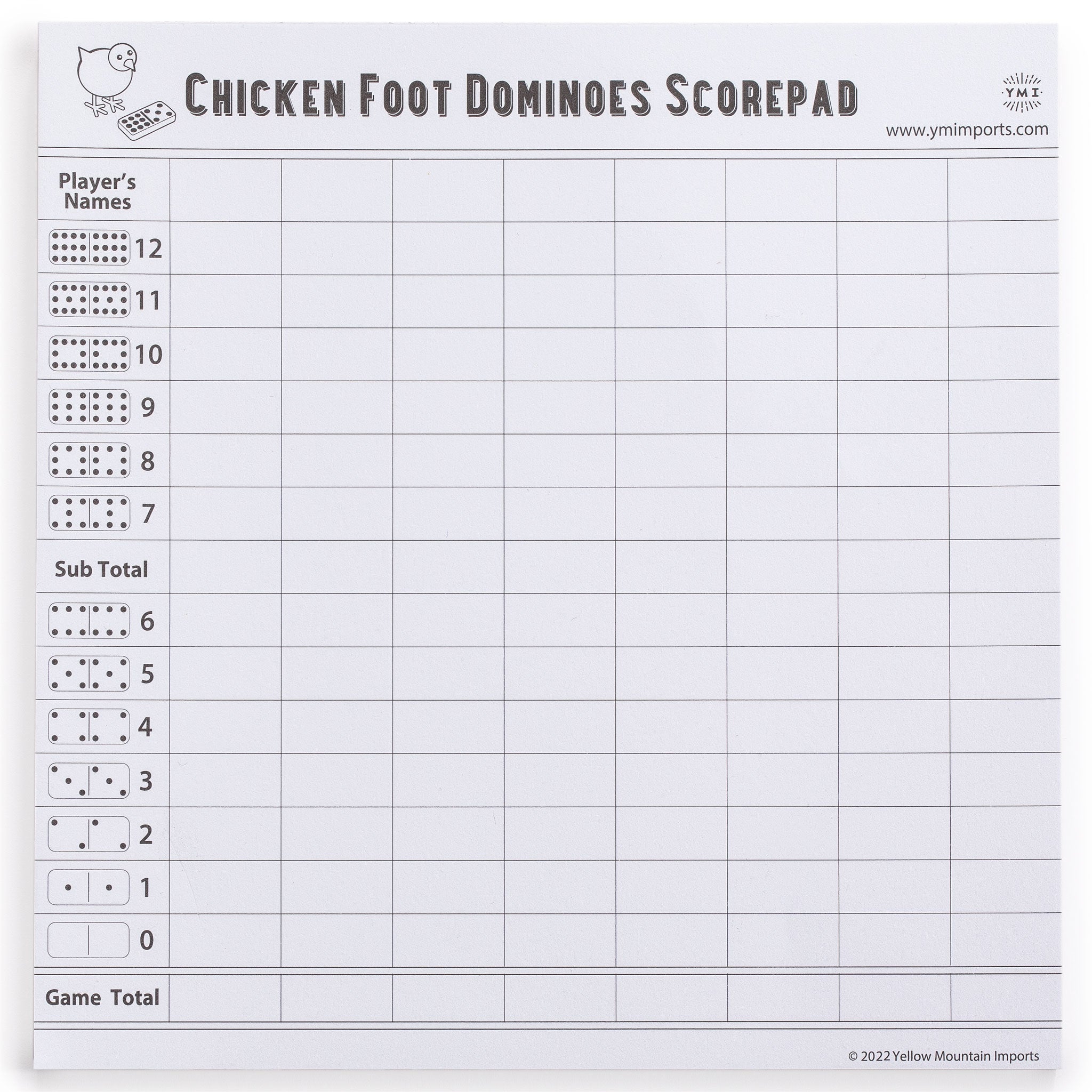 Chicken Foot Dominoes Scorepad - 50 Sheets – Yellow Mountain Imports