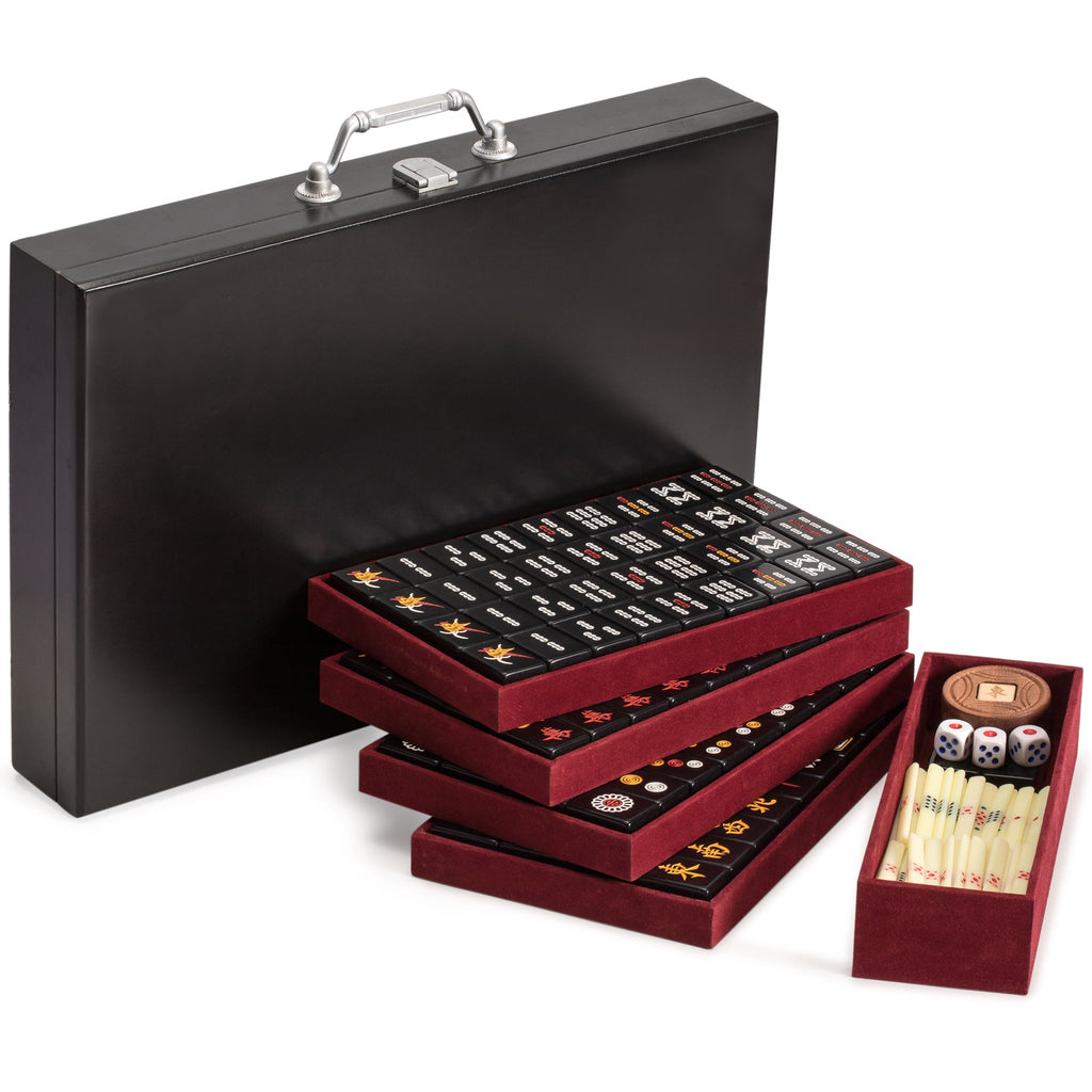 Chinese Mahjong Game Set, "Jet Set" with 148 Small-Size Black Tiles and Wooden Case-Yellow Mountain Imports-Yellow Mountain Imports