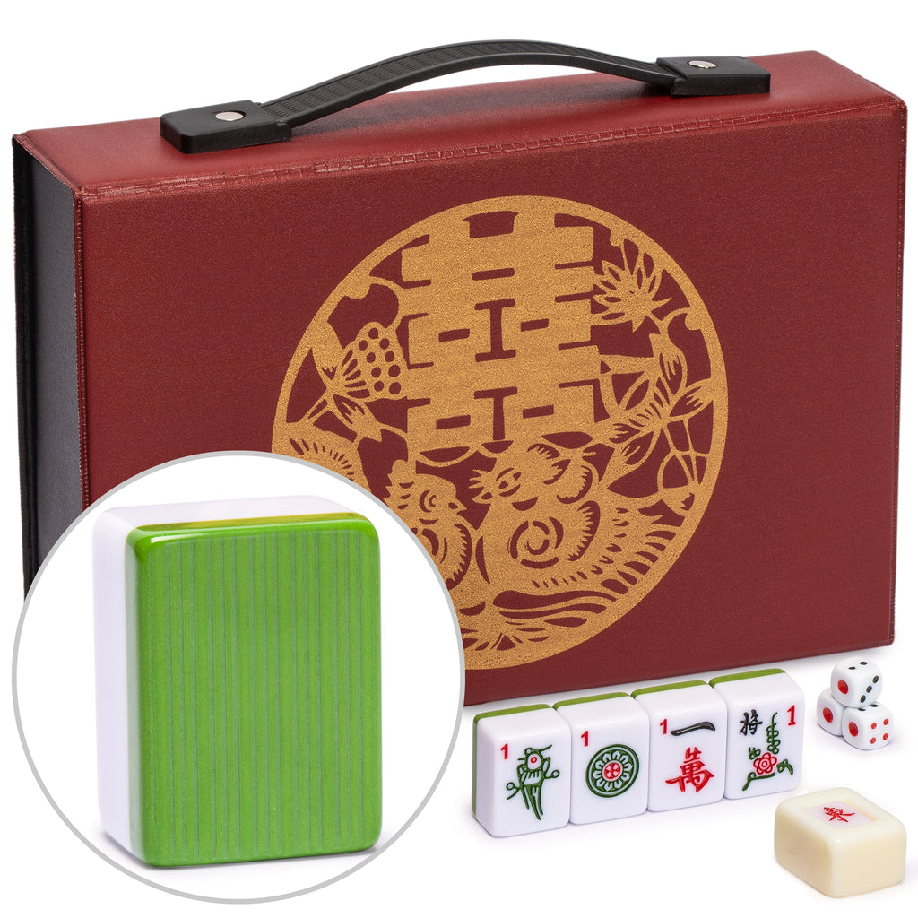 Chinese Mahjong Set, "Bamboo Oasis" with 146 Small Tiles, Red Vinyl Case, Wind Indicator and Dice - for Chinese Style Gameplay Only-Yellow Mountain Imports-Yellow Mountain Imports