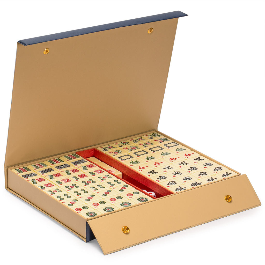 Chinese Mahjong Set, "Bleau Fontaine" with 146 Medium Tiles, Blue Vinyl Case, Wind Indicator and Dice - for Chinese Style Gameplay Only-Yellow Mountain Imports-Yellow Mountain Imports