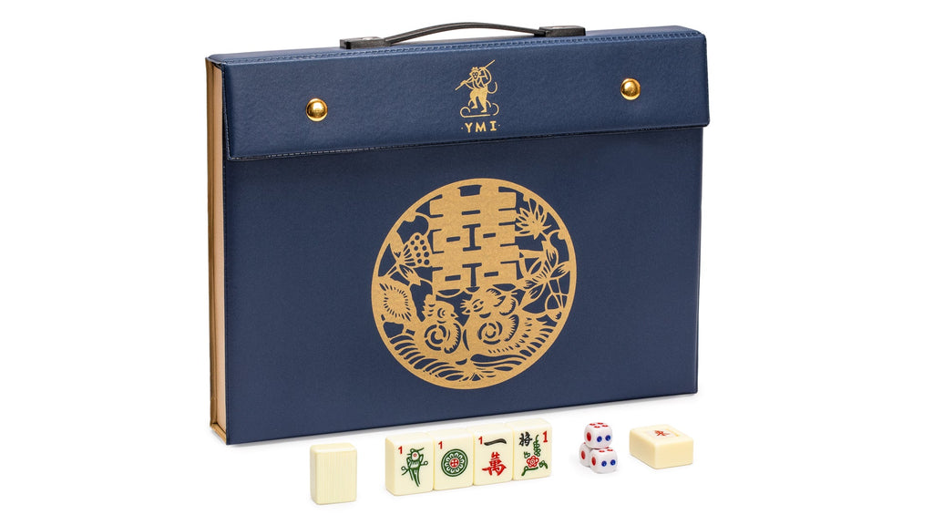 Chinese Mahjong Set, "Bleau Fontaine" with 146 Medium Tiles, Blue Vinyl Case, Wind Indicator and Dice - for Chinese Style Gameplay Only-Yellow Mountain Imports-Yellow Mountain Imports