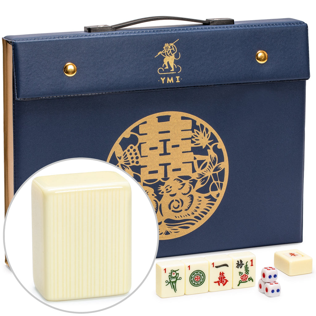 Chinese Mahjong Set, "Bleau Fontaine" with 146 Medium Tiles, Blue Vinyl Case, Wind Indicator and Dice - for Chinese Style Gameplay Only-Yellow Mountain Imports-Yellow Mountain Imports