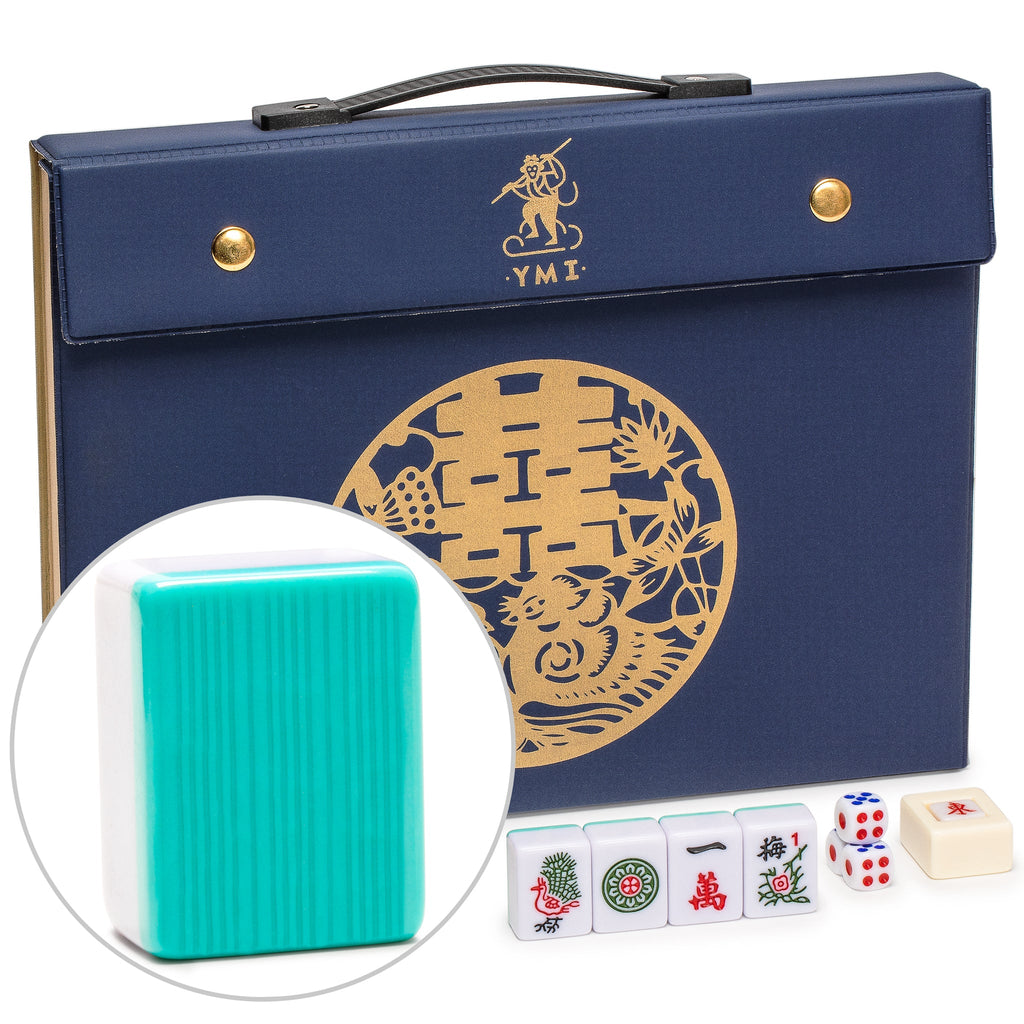 Chinese Mahjong Set, "Celestial Opal" with 146 Medium Tiles, Blue Vinyl Case, Wind Indicator and Dice - for Chinese Style Gameplay Only-Yellow Mountain Imports-Yellow Mountain Imports