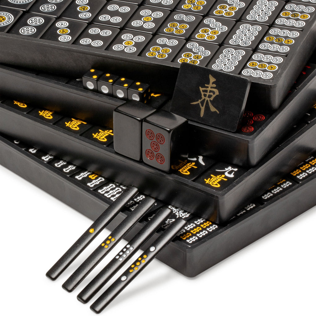 Japanese Riichi Mahjong Set - Black Standard Size Tiles and Vinyl Case - with East Wind Tile, Set of Scoring Sticks, & Dice-Yellow Mountain Imports-Yellow Mountain Imports