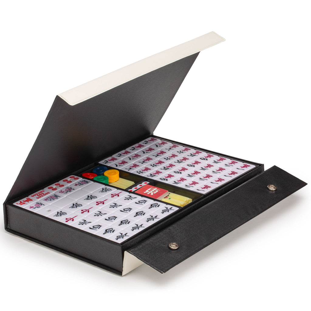 Japanese Riichi Mahjong Set - White and Yellow Large Size Tiles and Vinyl Case - with East Wind Tile, Set of Scoring Sticks, and Dice-Yellow Mountain Imports-Yellow Mountain Imports