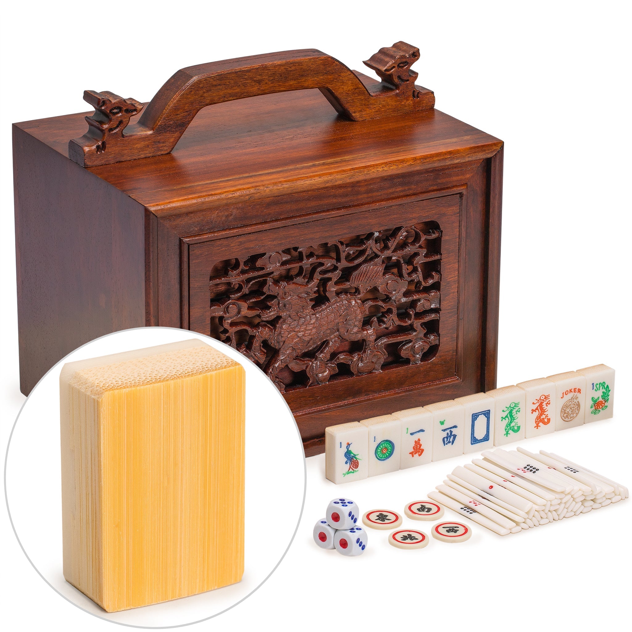 NEW Mahjong Set, Bone and Bamboo Tiles in Rosewood Case - Set Of Betting  Sticks, Dice, New Mahjong Set by Yellow Mountain in Inlaid Wooden Box for  Sale in Seattle, WA - OfferUp